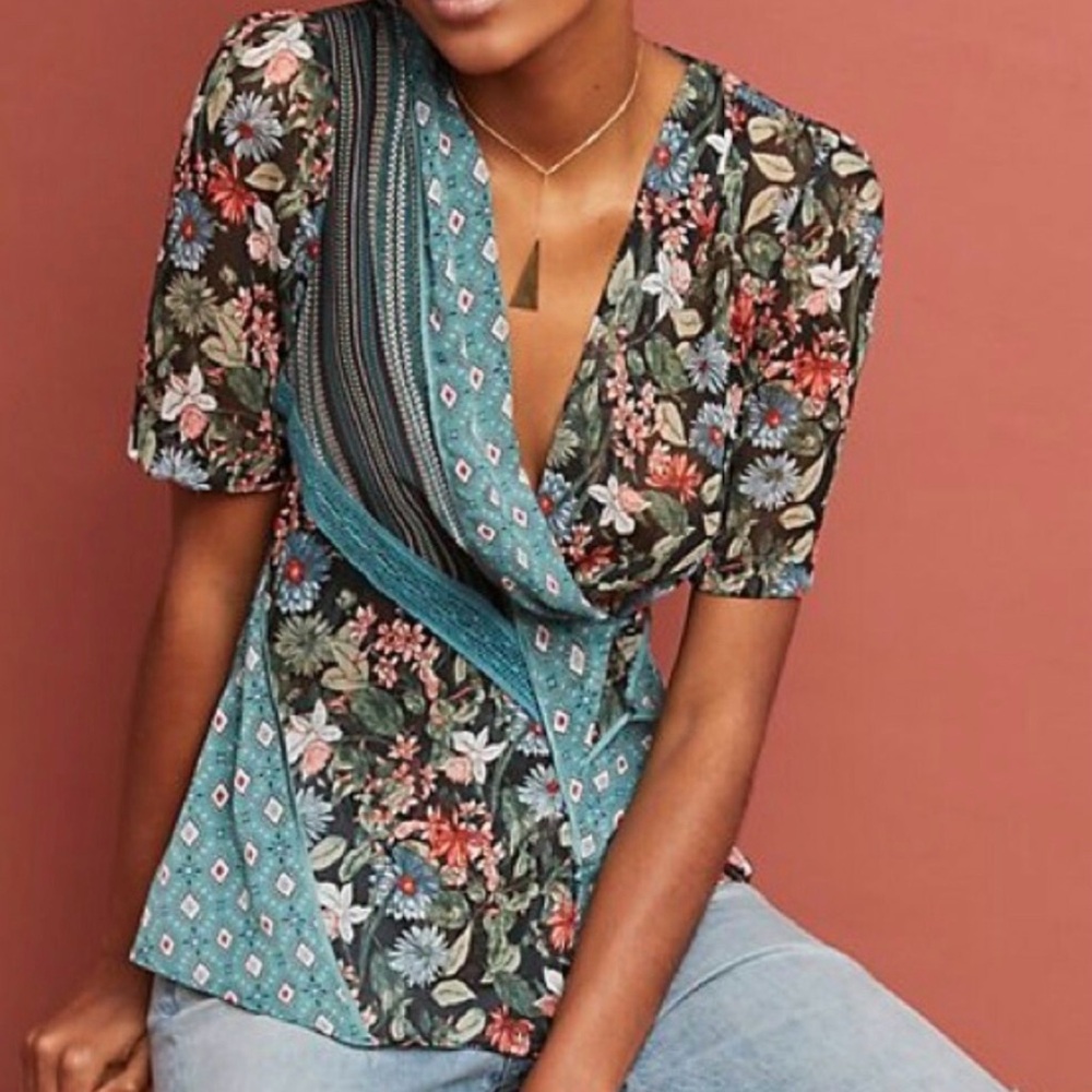 Anthropologie Tiny Floral Patchwork Sheer Wrap Top - Medium
